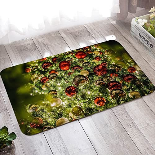 Banemi Christmas Doormat, Rugs Living Room 40X120cm Green Red Tree with Bells Flannel for Shoe Scraper, Ideal for Inside Home