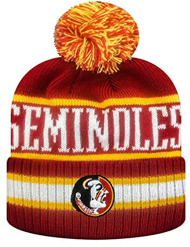 Zephyr NCAA Team Color-Retro Logo -Cuffed Knit Skully Beanie Pom Hat-Florida State-One Size Fits Most