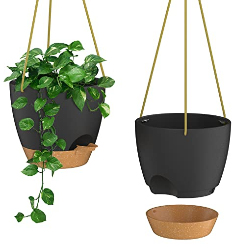 ZMTECH Paquete De 2 Macetas Colgantes De 20cm con Labio De Riego Maceta De Riego Automático con Agujeros De Drenaje y Plato Extraíble Maceta De Plástico para Plantas De Interior y Exterior (Negro)