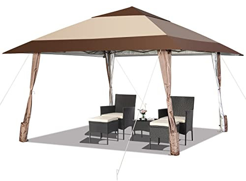 COSTWAY 4x4M Rolling Pop up Gazebo, 3-Level Height Adjustable Canopy Shelter with Wheels, UPF 50+ Double Roof & Carry Bag, Large Waterproof Marquee Tent for Outdoor Patio Garden Event