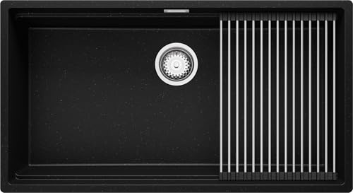 PRIMAGRAN Spülbecken Schwarz Metallic 86x47cm, Granitspüle 1 Becken + Ablauf-Set + Aufrollbare Abtropffläche, Küchenspüle ab 90er Unterschrank - Praga Slim S319