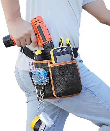 quipuda Tool Pouch, Genuine Leather Tool Belt Pouch, with Adjustable Waist Belt, Tool Bag with Tape Measure Holder for Electricians, Plumbers, Frame Builders