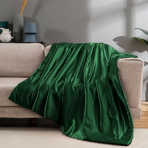 Vonty Satin Throw, Dark Green Satin Blanket 50x60 Inches, Cooling & Silky, Wrinkle-Free Cable Knit for Couch, Sofa, Bed, Outdoor