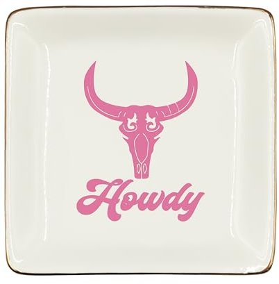 WODMIS Howdy Cowgirl Western-Keramik-Tablett, rosa Western-Cowgirl-Schmuckteller, adrettes Howdy-Schädel-Schädel, Keramik-Ring, Schmuckstück, Cowgirl, Geburtstagsgeschenk für Frauen, Cowgirls