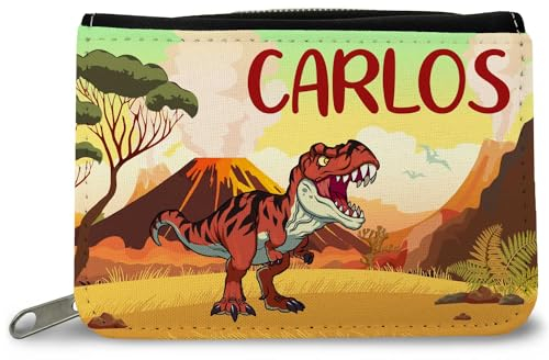 GRAVURZEILE Bedruckte Kinder Geldbörse - Dino - Personalisiert mit Name - Portemonnaie mit Reißverschluss für Taschengeld und Fahrkarte - Geldbeutel für Schüler Jungen & Mädchen - Farbe: Rot