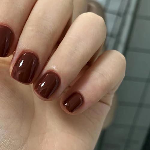 24Pcs French False Nails - Short Square Reddish Brown Acrylic Full Cover Glue on Nails, Fashion Nail Tips Removable Stick on Nails for Women and Girls, Ideal for Nail Art