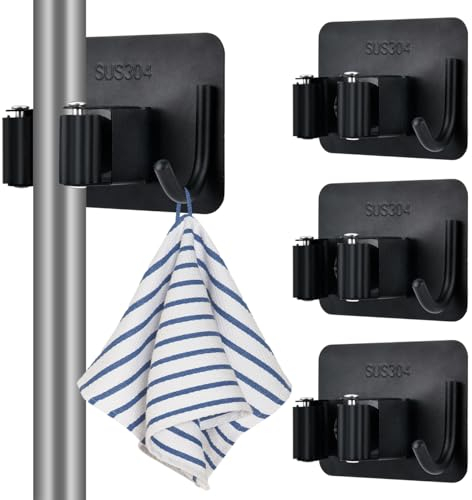 HUMOKI Brush Holder, 4 Pcs Self Adhesive Mop Holder, Stainless Steel Broom Holder Wall Mounted, Broom Holders Wall Mounted with Cupboard Hooks, for Bathroom, Kitchen, Office, Garage