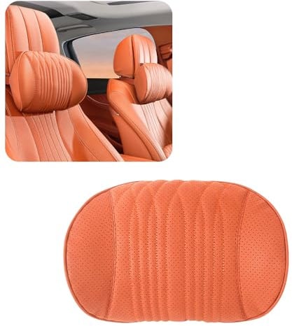 HIBEYO 1Stück Universal Auto Kopfstuetze Kissen NAPPA-Leder und Memory-Schaum Autositz Nackenkissen für Fahren Auto Kopfstütze mit Abnehmbarem Befestigungsgurt zubehör für Gaming-Stuhl-Orange
