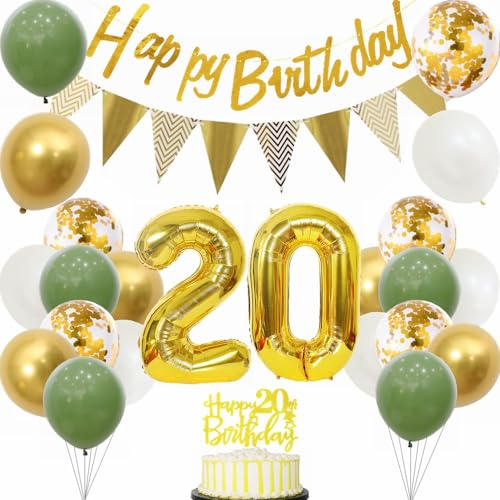 Yunchu Online 20. Geburtstag Deko für Junge Mädchen - Sage Grün Weiß Gold Party Ballons, Tortendeko - Dekoration für 20 Jahre Feier