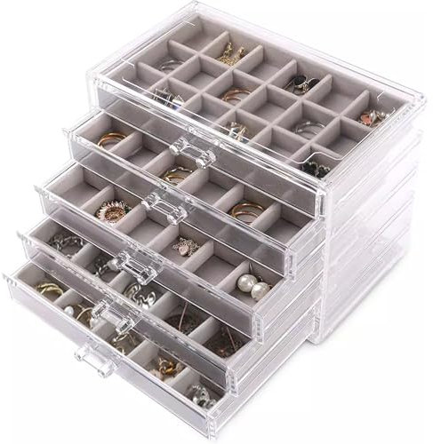 AKOLAFE Schmuckkästchen Mädchen mit 5 Ebenen Schmuckaufbewahrung Schublade Schmuckkasten aus Samt und Acryl Schmuckschatulle Schmucktablett Schmuck Organizer für Ringe, Ohrring, Halskette, Armbänder