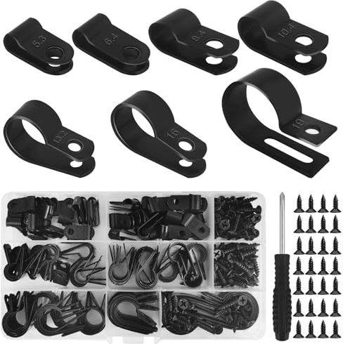 Samulee Omsscun 114 Pièces R-Clips en Nylon Noir, R-Type Attache de Câble Pince de Fil, R-Type Nylon Plastique Câbles Clips avec 100 Pièces des Vis pour la Gestion des Fils