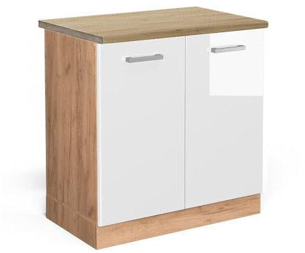 Vicco Spülenunterschrank R-Line, Weiß Hochglanz/Goldkraft Eiche, 80 cm, AP Eiche