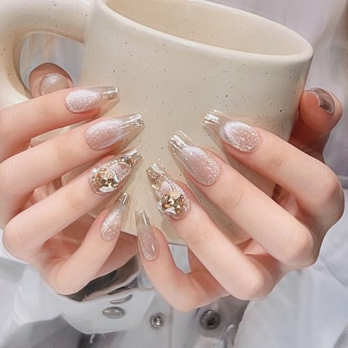 Pure Handmade Nails Press on Nail Reusable Fake Nails Y2K CatEyes RhineStones Bling Bling Medium Stick on Nails French Tip False Nails 10pcs (XS, Q298)