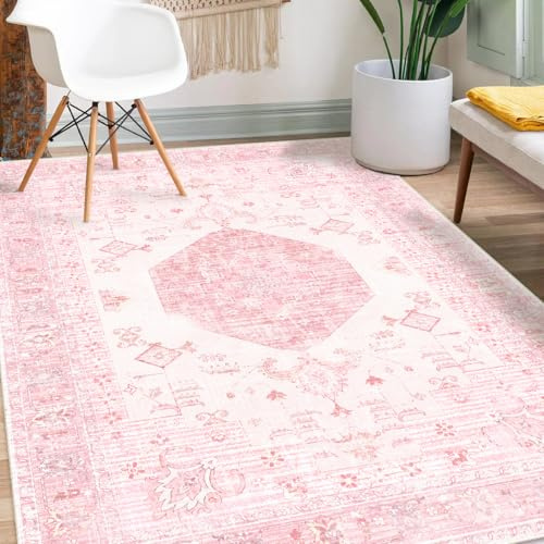 Waschbarer Boho-Teppich, 150 x 200 cm, Rosa, Weiß, großer Wohnzimmerteppich, rutschfest, weich, orientalisch, Vintage-Farbe, Schlafzimmer, Teppich, Esszimmer, Kinderzimmer, Zuhause, Büro,