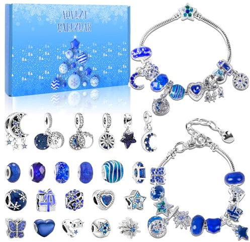 Schmuck Advents 2025, Adventskalender Armband Mädchen, DIY Adventskalender Schmuck mit 2 Armbändern 22 Charm, ADventskalender Charms für Mädchen Frauen Weihnachtskalender Weihnachts Geschenk(Blau)