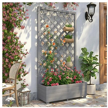 CGCSYZ Pflanzkübel mit Spalier aus Holz, Pflanzkübel mit Spalier aus Holz, Sichtschutz für die Terrasse, Hochbeet, Hochbeet mit Spalier für Kletterpflanzen, Blumen,(Grau-195 * 40 * 100cm