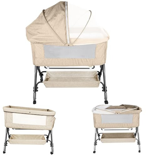 OHMG 3 in 1 Beistellbett,Babywiege,Reisebett, 4-stufig Höhenverstellbares Babybett neigbar,Kinderbett inkl. Matratze,Stubenwagen für Babys bis 9kg belastbar,4 Räder (Grau weiß)