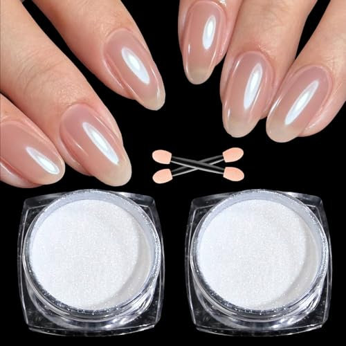 GZMAYUEN 2 Boxes White Pearl Chrome Nail Powder Chrome Powder for Nails, Glazed Donut Nail Powder Moonlight Effect Iridescent Aurora Powder for Nails