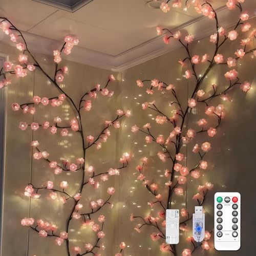Luces LED de cerezo con ramas de árbol para pared, guirnalda de decoración de ramas de sauce de cerezo, con 48 luces LED y control remoto, 8 modos de iluminación, para dormitorio, decoración de