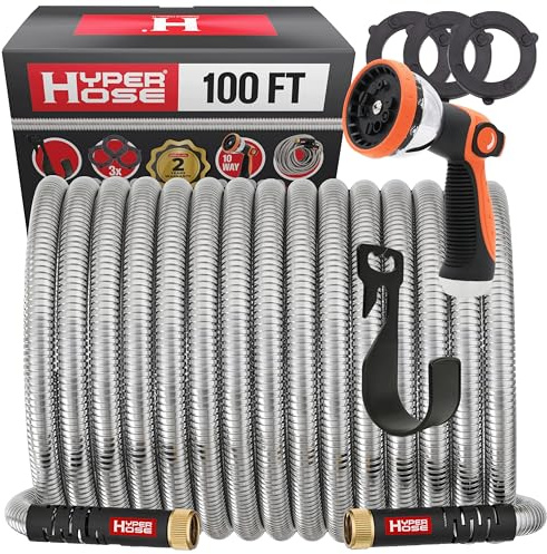 Best 100 ft Metal Garden Hose Set - No-Kink Durable 316 Stainless Steel, 10-Way Zync Spray Nozzle & Hook – Tough Flexible Heavy Duty Water Hoses, 5/8 in, Rust, Weather, LeakProof