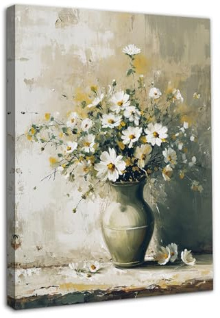 NymphFable Vintage Floral Wall Art Print Daisy in Vase Oil Painting, Classic Flower Wall Art Decor for Bathroom Bedroom Living Room 12x16 in (Classic Daisy Framed)