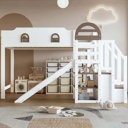 Kinderbett Etagenbett 90x200,Hausbett Hochbett mit Rutsche&Regal&Stauraum Treppe,Bettgestell mit Rausfallschutz&Lattenrost, Funktionsbett Stockbett Spielbett Jugendbett,Kiefernholz,Ohne Matratze,Weiß