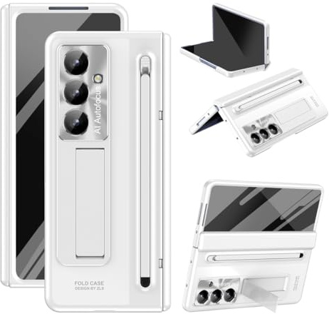 ZQYFCDZ Case for Samsung Galaxy Z Fold 7 - Hinge and Camera Protection, Integrated Screen Protector, All-in-One Stand, Stylus Slot, Fingerprint-Resistant PC Material – White