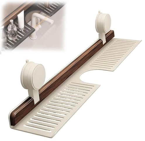 Mensola da bagno con ventosa in noce, senza fori, mensola per lavello del bagno, scaffale in legno da parete per cucina, organizer galleggiante rimovibile (bianco, 70 cm)