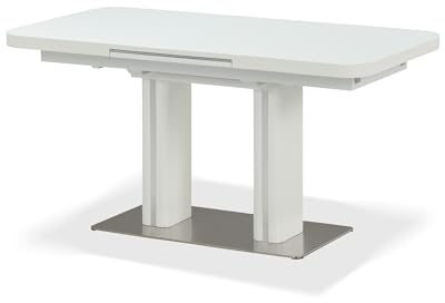 KHG Esstisch ausziehbar mit Glasplatte Weiß, integrierter Mittelauszug 150-200 cm, Küchentisch bis 100 kg belastbar, gerade Tischkante mit abgerundeten Ecken, Edelstahl-Bodenplatte