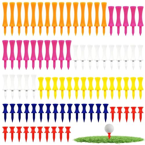 JIUCHAOTONG 90 pièces tees de golf, 31/37/43/51/59/70 mm, driver en plastique, incassable, tees de golf professionnels incassables en plastique, pour hommes et femmes (multicolores)