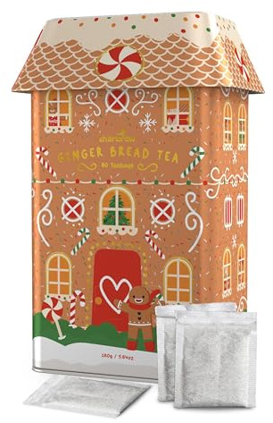 Charbrew 80 Teabags – Illustrated House Metal Tea Tin | Reusable Caddy with Teabags | Christmas Tea Lover Gift (Gingerbread)