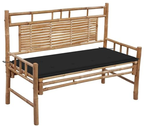 SKTQYQO Gartenbank aus Bambus, 120 cm, mit wasserdichtem Kissen, schwarz, für den Außenbereich, klassische Bank mit Rückenlehne zum Entspannen und Lesen, langlebig und leicht zu reinigen, Zubehör