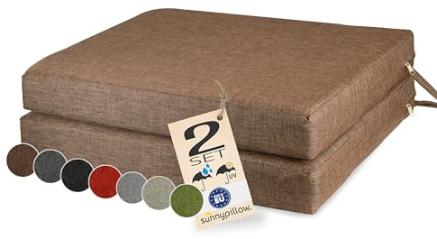 sunnypillow 2er Set Stuhlkissen 40x40cm wasserdicht UV-lichtecht, Braun | Outdoor Polsterauflage mit Bändern, Auflage für Stühle,Bänke, Sitzkissen Stuhlauflage für Haus und Garten, 7cm dick