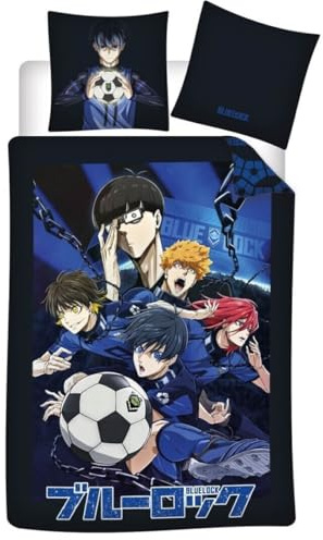 Aymax Blue Lock Anime Bettwäsche 2-teilig, Mikrofaser Bettwäsche aus 100% Polyester, Bettbezug 135-140x200 cm, Kissen 63x63 cm, Fußball Design