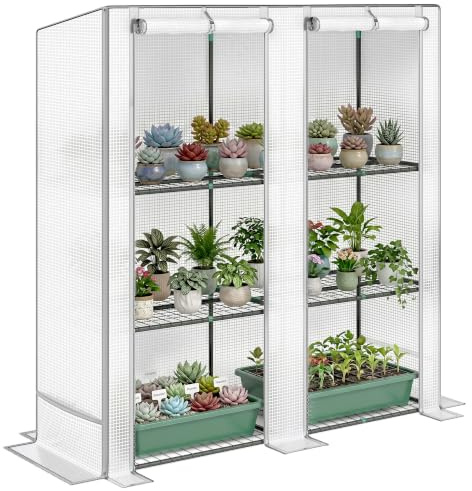 Outsunny Serra da Giardino 2 Porte Avvolgibili per Orto Bianco e Grigio | Scaffale a 3 Ripiani, Tasche Laterali, Struttura Acciaio e Copertura PE, per Piante Verdure Fiori Frutta, Anti UV