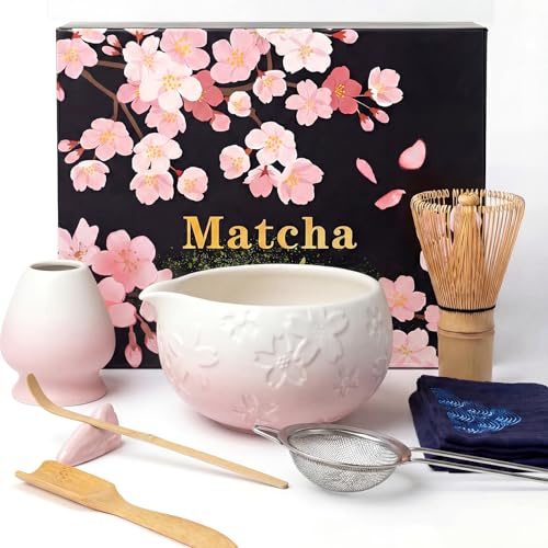 Dazhtu 8 Pièces Kit matcha, Matcha Set avec Fouet, Bol, Support de Fouet, Cuillère, pelle, torchon, adapté aux amateurs de thé et aux débutants en cérémonie du thé, Set cadeau à matcha, BlancRose