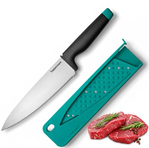 Tupperware Couteau du Chef avec Étui - Lame Acier Inoxydable Japonais 19 cm - Découpe Polyvalente Viande Légumes - Fourreau Sécurisé Smart Lock - Manche Ergonomique - Tranchant Excellence Durable