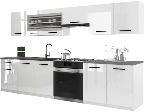 Belini Italia 4 Küchenzeile Küchenblock 260cm Weiß Hochglanz | Küchenset als gerade Küchenzeile, weiße Korpusse, DECOR ECONATURA Material, kratzfest, ohne Elektrogeräte, mit Arbeitsplatte
