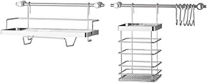 Metlex Edelstahl Küchenreling 60 cm, Hakenleiste mit Behälter für Besteck, Wandmontage, Silber, 10 Teile, Küchenutensilien, Küche
