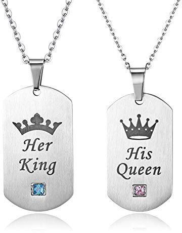 Cupimatch Paare Halskette mit Gravur“His Queen””Her King” für Sie und Ihn Zirkonia Edelstahl Kette Verheiraten Geschenk, Silber