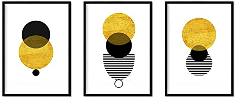 Nacnic Geometrische Poster 3-er Set. Nordischer Stil Wanddeko Abbildung von abstrakten Sonnenfinsternissen im Schwarz- und Gelbtönen. Verschiedene Skandinavische Stil Bilder ohne Rahmen. Größe A3.