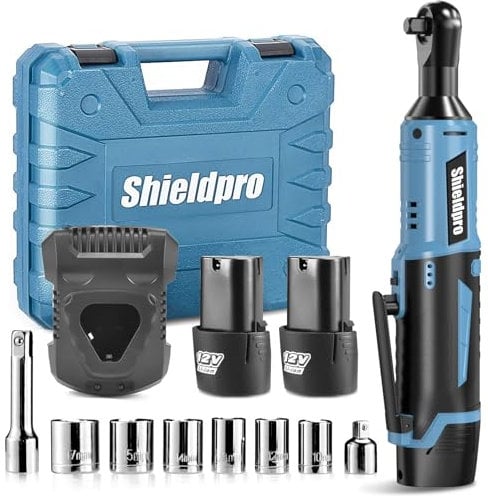 SHIELDPRO Cordless Electric Ratchet Wrench Kit,40Ft-lb 3/8 Power Ratchet Wrench 1-Hour Fast Charge,2 Packs 2000MA Lithium-Lon Battery,1/4 Adaptor,Extension Bar