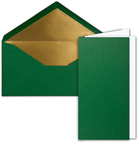 10x Faltkarten-Set DIN Lang inkl. Briefumschlägen mit goldenem Seidenfutter und weißen Einlegeblättern in Dunkelgrün (Grün) - 10,5 x 21 cm - für Einladungen und Grußkarten