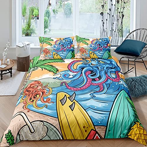 Krake Casseure Cover Beach Urlaub Bettwäsche-Sets Kokosnuss-Baum Surfbrett Ananas Bettbezug-Set für Jungen Mädchen Tropische Insel Hawaiianer Marine Life Quilt Cover mit 2 Kissenbezüge 200x200