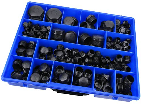 220 Stück Kalitec Sortimentskasten Blindstopfen schwarz M12-M50 I Würgenippel schwarz I Dichtstopfen Sortiment I Stopfen mit Gewinde I Sechskantstopfen Kunststoff I Würgestopfen