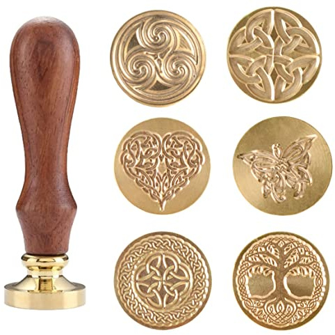 Stempelset mit keltischem Knoten, Herz, 6 abnehmbare Köpfe und 1 Holzgriff