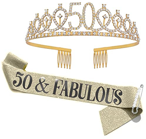 50. Geburtstag Schärpe & Strass Tiara Set, 50 Jahre alte Geburtstagsgeschenke für sie Happy 50th Birthday Party Dekorationen und Zubehör Dekorationen für Frauen (Gold)