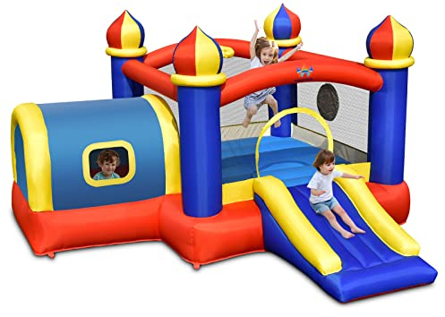 GOPLUS Aufblasbare Hüpfburg, Castle Bouncer mit Rutsche, Sprungplatz, Basketballkorb, Schutznetze, Tragetasche, für Einkaufszentrum, Park & Haus, 382 x 335 x 210 cm (Feiertage, Ohne Gebläse)