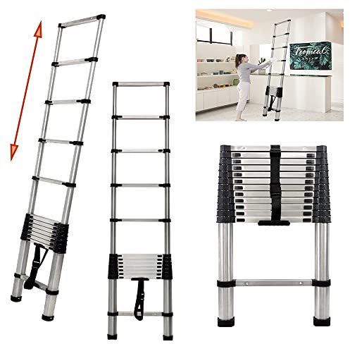 Telescopic Foldable 12.5ft/3.8m Extendable Ladder with Non-Slip Feet, Multi-purpose High Loft Ladder for Outdoor Indoor DIY RV Work, 330 Pound Capacity