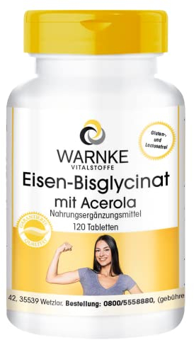 Iron bisglycinate with acerola - 120 Tablets 40 mg Iron from own Production - high dose & Vegan | Warnke Vitalstoffe - German Pharmacy Quality